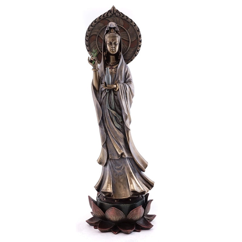 Top Collection Guan Yin Statue Standing on Lotus Pedestal- Quan Yin East Asian Goddess of Compassion and Mercy Sculpture in Premium Cold Cast Bronze - 16.75-Inch Collectible Meditating Buddha Figurine - Image 1